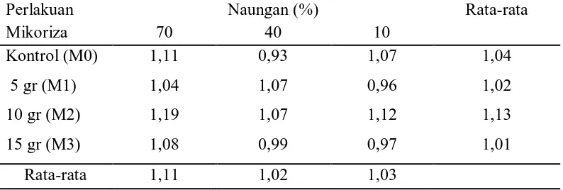 Tabel 5. Rataan pengaruh naungan dan mikoriza terhadap berat kering total     tanaman (gr)   Perlakuan  Naungan (%)  Rata-rata 