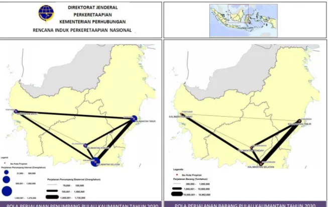 Gambar 3. 8  Desire Line Perjalanan Penumpang dan Barang Menggunakan Moda Kereta Api di  Pulau Kalimantan Tahun 2030 