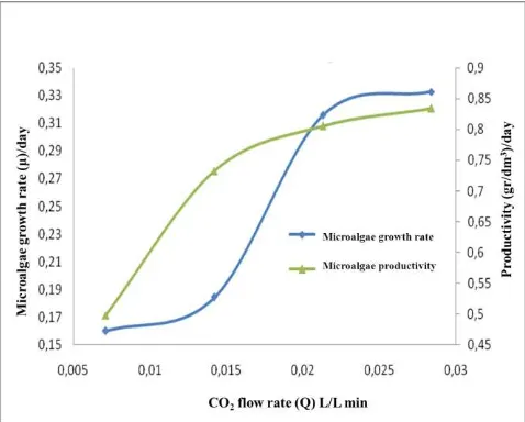 Fig. 3 Biomass production at various concentration of carbon dioxide (Q = 0.071 L/min)  