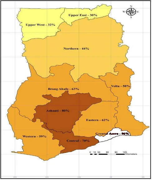 Fig. 1 Map of Ghana Showing the Regions and Electricity Access  (in percent)  