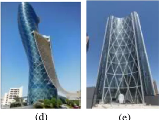 Gambar 14. (a) Swiss Re (b) CCTV Headquarters (c) Mode Gakuen  Spiral Tower (d) Capital Gate (e) Bow Project 
