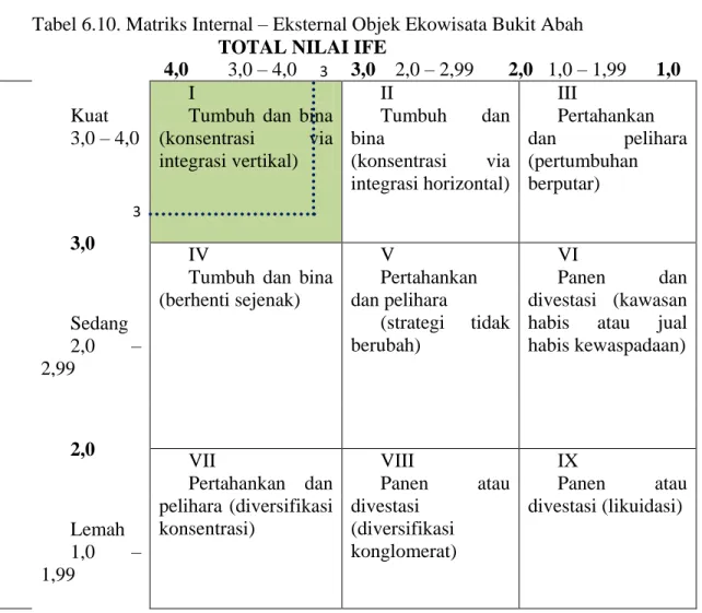 Tabel 6.10. Matriks Internal – Eksternal Objek Ekowisata Bukit Abah                                TOTAL NILAI IFE 