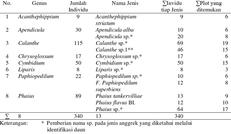 Tabel 1. Jenis anggrek tanah yang terdapat di Hutan Pendidikan Tahura Bukit Barisan   Tongkoh Kabupaten Karo
