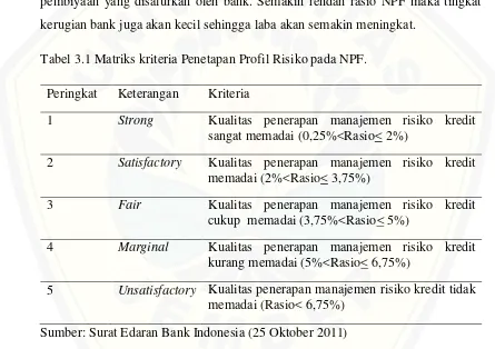 Tabel 3.1 Matriks kriteria Penetapan Profil Risiko pada NPF. 