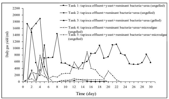 Figure 4.6 Daily Biogas Production (ml) from Various Feed Compositions  Performed in Anaerobik Biodigester of 5 L Digestion Volume