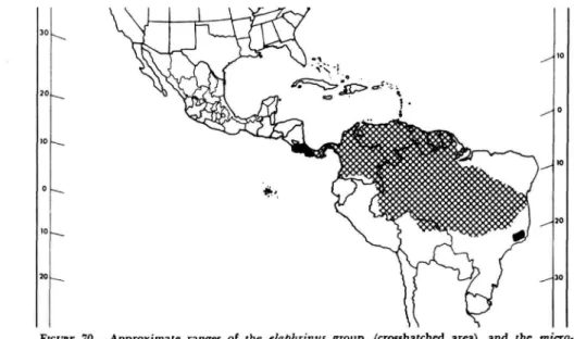 FIGURE 70 Approximate ranges of the elaphrinus group (crosshatched area) and the micro- micro-tretus group (solid areas).