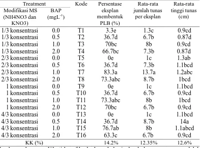 Tabel 1. Efek   kombinasi modifikasi media MS dengan konsentrasi BAP yang berbeda  terhadap persentase eksplan anggrek hitam membentuk PLB, jumlah tunas dan tinggi tunas
