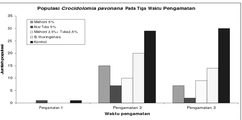 Gambar 2. Pengaruh lima jenis perlakuan terhadap populasi hama Plutella xylostella pada caisin