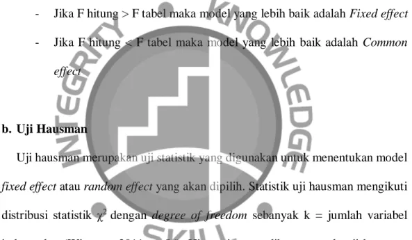 - Jika χ 2  hitung > χ 2  tabel maka model yang lebih baik adalah  Fixed  effect  