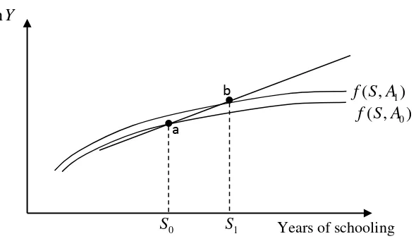 Figure 1: Hypothetical Earnings-Schooling Profile by Ability (Ability has a Limited Effect) 