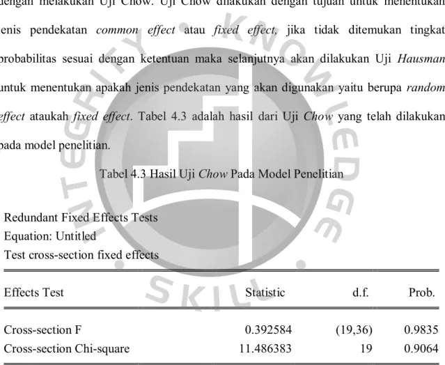 Tabel 4.3 Hasil Uji Chow Pada Model Penelitian  Redundant Fixed Effects Tests 