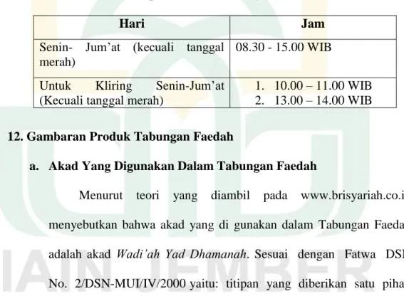 Tabel 4.1 Jam Operasional Atau Pelayanan Untuk Nasabah/Debitur 
