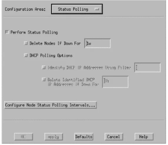 Figure 6-5 shows the Status Polling configuration area. Here you can turn status polling on or off, and delete nodes that have been down or unreachable for a specified length of time