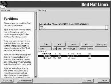 Figure 2.3: The Disk Druid Partitioning screenIf the system previously had Red Hat installed, the existing partitions will show up in the Partitionsarea