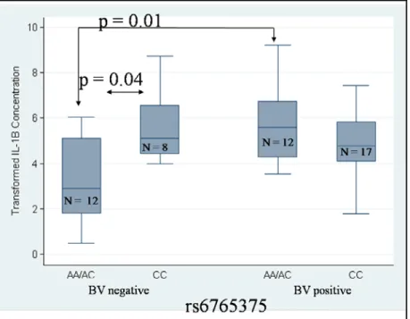 Figure 4-2. Transformed concentration of IL- 1β by rs6765375 (IL -1RAP)  genotype in AA 