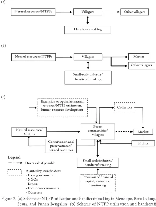 Figure 2. (a) Scheme of NTFP utilization and handicraft making in Mendupo, Batu Lidung,  Sesua, and Punan Bengalun; (b) Scheme of NTFP utilization and handicraft  making in Seputuk; (c) Recommended scheme for NTFP utilization and  small-scale industry
