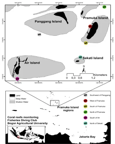 Figure 1.  shows the position of Pramuka Island regions relative to Jakarta. The location within Indonesia is shown in Location of the Pramuka Island regions, north of Jakarta, Java Island, Indonesia