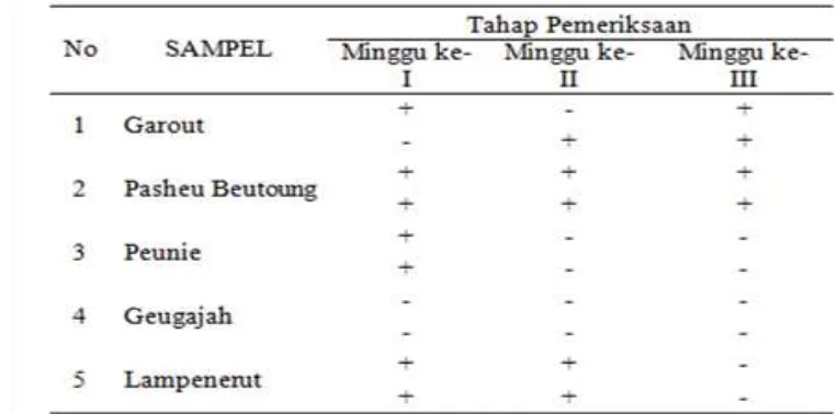 Tabel 1. Hasil isolasi Salmonella sp dari swab kloaka burung puyuh pada 5 desa di Kecamatan Darul Imarah, Aceh Besar  