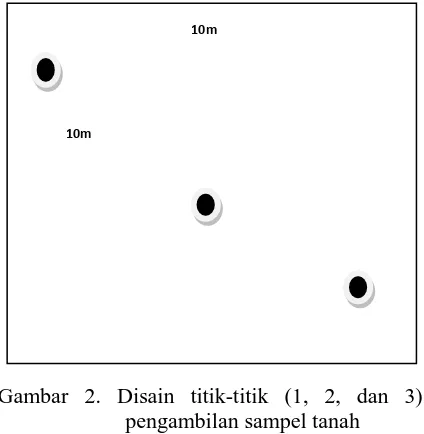 Gambar 2. Disain titik-titik (1, 2, dan 3) pengambilan sampel tanah 