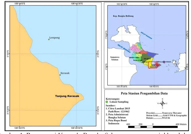 Gambar 1. Peta pantai Kerasak, Bangka Selatan yang menunjukkan lokasi Penelitian  