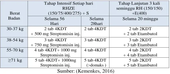 Tabel 2. 8 Dosis Panduan OAT Kombipak Katagori 2 2HRZES/HRZE/5H3E3 
