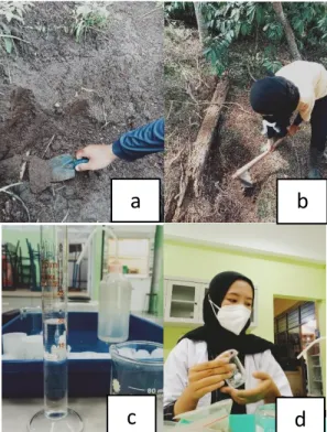 Gambar 1. (a)(b) Proses Pengambilan Contoh Tanah, (c)(d) Proses  Pengujian Contoh Tanah Kebun Bangelan di Laboratorium SDL FP UPN 