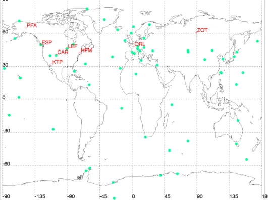 Figure 4.1: The locations of all data sites used, including both column/partial-column (red crosses with code names) and surface CO 2 observations (green dots)