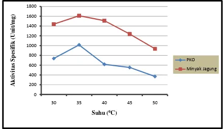 Gambar 4.3  Grafik Pengaruh Suhu terhadap Aktivitas Spesifik Enzim Lipase Candida rugosa dalam Menghidrolisis PKO dan Minyak Jagung 