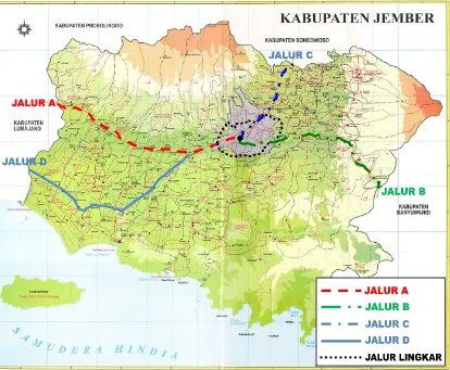 Gambar 3.1 Peta jalur utama dan jalur lingkar di Kabupaten Jember 