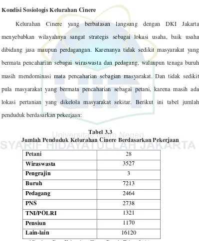 Tabel 3.3 Jumlah Penduduk Kelurahan Cinere Berdasarkan Pekerjaan 