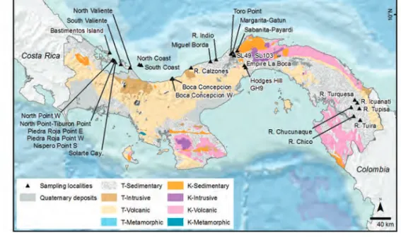 FIGURE 1. Sampling localities displayed on Panama’s regional geology. “North Coast” and “South Coast” localities are on  Escudo de Veraguas Island