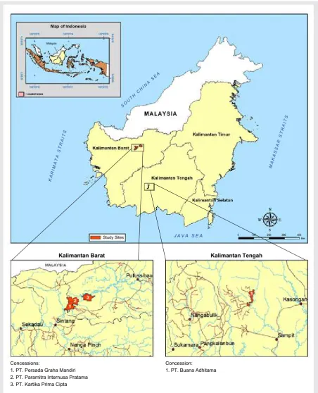 Figure 1 – Map of Kalimantan, Indonesia, with the location of the four HCS forest study concessions