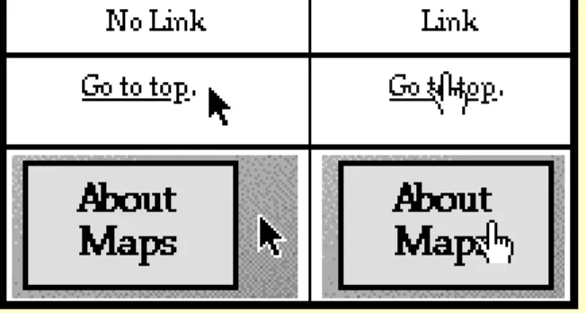 Figure 7.01. The arrow cursor on the left suggests no link; the hand cursor on the right suggests a  link, and that clicking will bring about some action – going someplace implied by the image or text