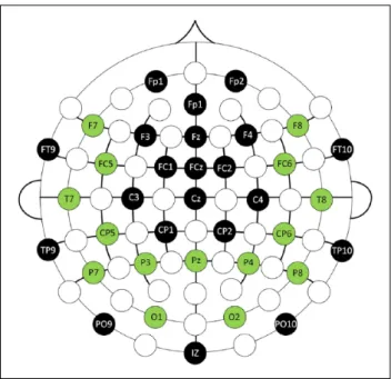 Figure 1.  Graphical representation of the active and non-active electrodes (green electrodes are  considered as active electrodes and black marked as non-active electrodes).