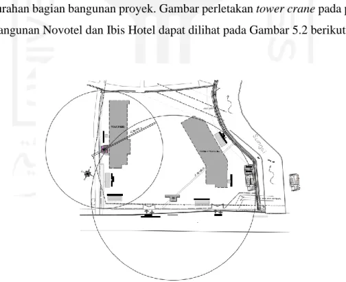 Gambar 5.2 Site Plan perletakan Tower Crane  (Sumber : PT. Mitra Konstruksi) 