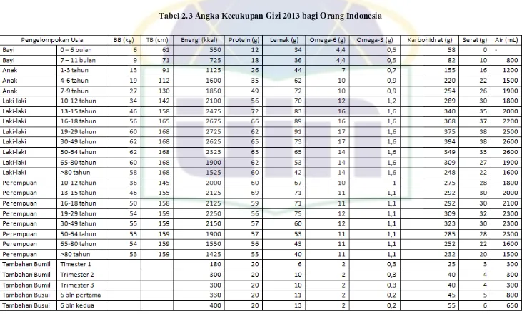Tabel 2.3 Angka Kecukupan Gizi 2013 bagi Orang Indonesia 