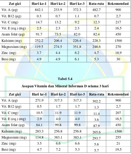 Tabel 5.4 Asupan Vitamin dan Mineral Informan D selama 3 hari 