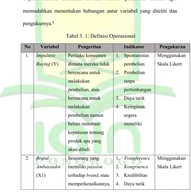 Tabel 3. 1: Definisi Operasional 