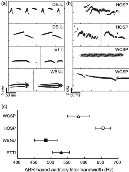 Fig. 2.5 Acoustic structure of long-range vocalizations (songs) and ABR-based estimates of auditory filter bandwidth (frequency resolution) in four songbird species (from Henry and Lucas 2010b [Figs