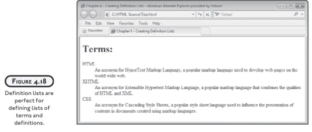 Figure 4.18 shows how Internet Explorer renders the definition list outlined in the previous example.