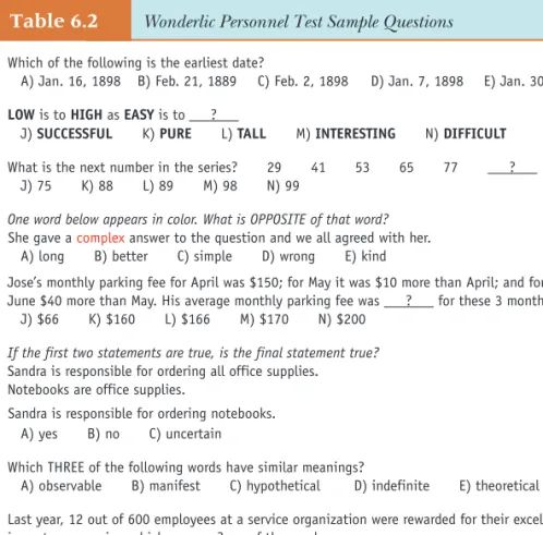 Table 6.2 Wonderlic Personnel Test Sample Questions