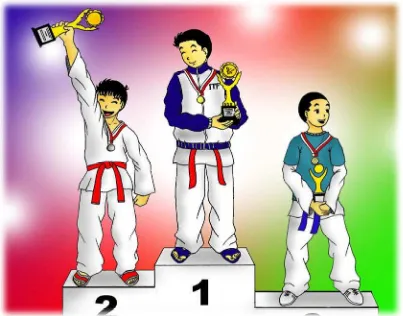 Gambar 4. Arka mengangkat tropi kejuaraan dengan satu tangantinggi-tinggi. Berpakaian taekwondo, bersabuk merah.