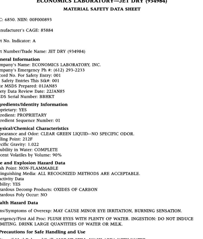Figure 2.4  An MSDS for Jet Dry.