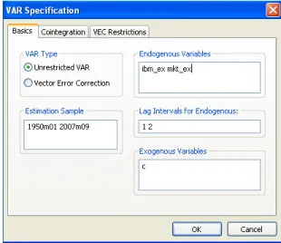 Figure 6.1: VAR model estimation dialog window