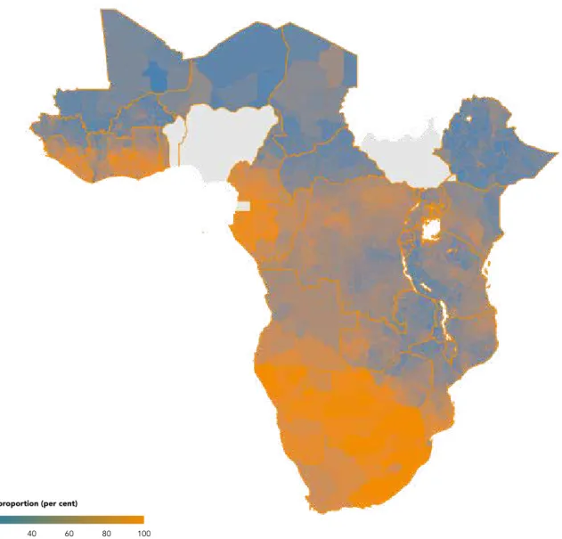 Figure 2.1  Spatial distribution of women (aged 20–24 years) with non-regular or multiple partners, 30 sub-Saharan  African countries, 2022