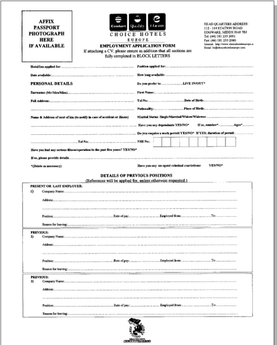 Figure 5.3 Application form for non-management positions Source: Reproduced by courtesy of Choice Hotels Europe.