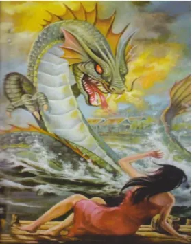 Figure 1: Oil painting “Mitos Sungai Siak (the myth of Siak River)  on canvas 100  cm length x 60 cm width painted by Refnaldi 