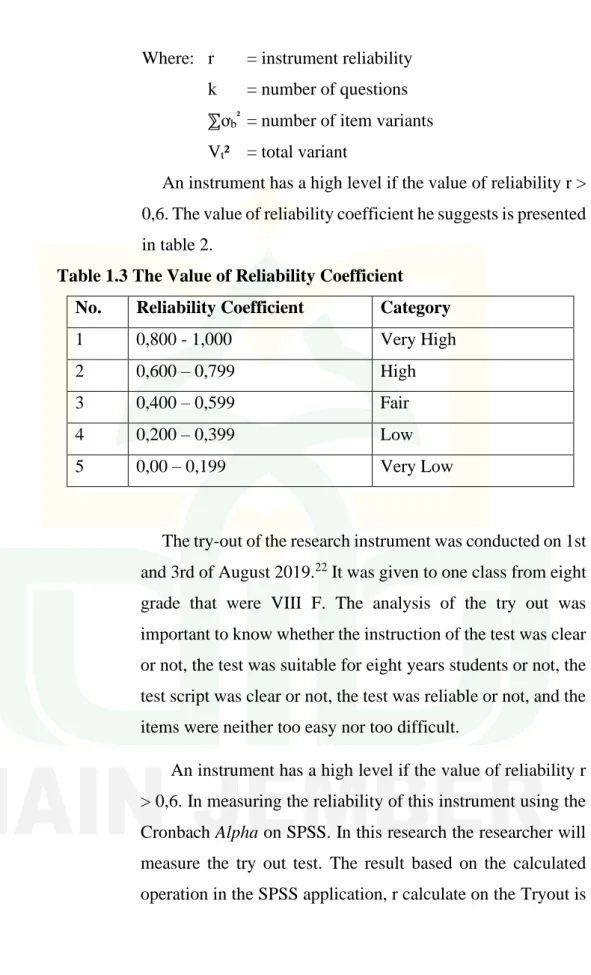 Table 1.3 The Value of Reliability Coefficient  No.  Reliability Coefficient  Category 