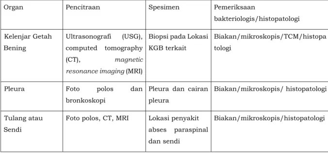 Tabel  7.1. Pemeriksaan yang dianjurkan untuk diagnosis tuberkulosis ekstra paru 