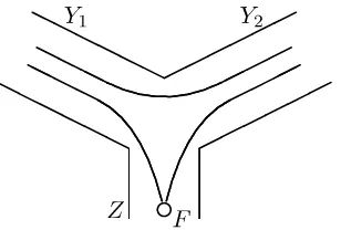 Figure 1.Part of the spine with the pending vertex. The variablepending edge. Two types of geodesic lines are shown in the figure: one that does not come to the edgeZ Z corresponds to the respective is parameterized in the standard way, the other undergoes the inversion with the matrix F (2.4).